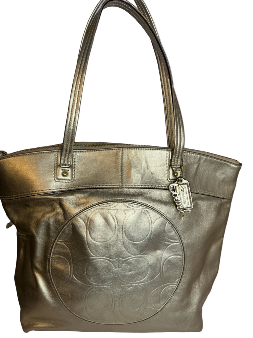 #255 Coach Laura Leather Signature Print Metallic Gold Shoulder Tote Bag w/Charm